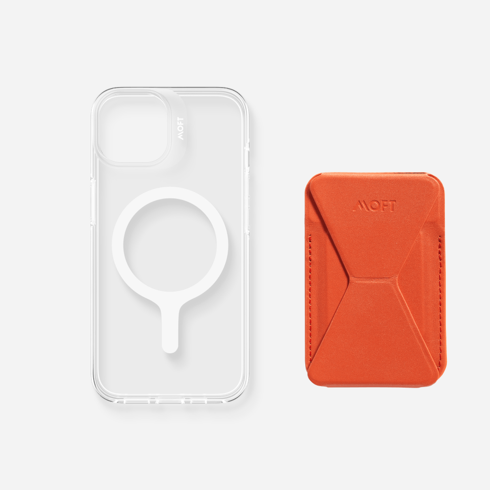 Case, Stand & Wallet Snap Set - MagSafe Compatible MOFT Sunset Orange iPhone 14 Clear