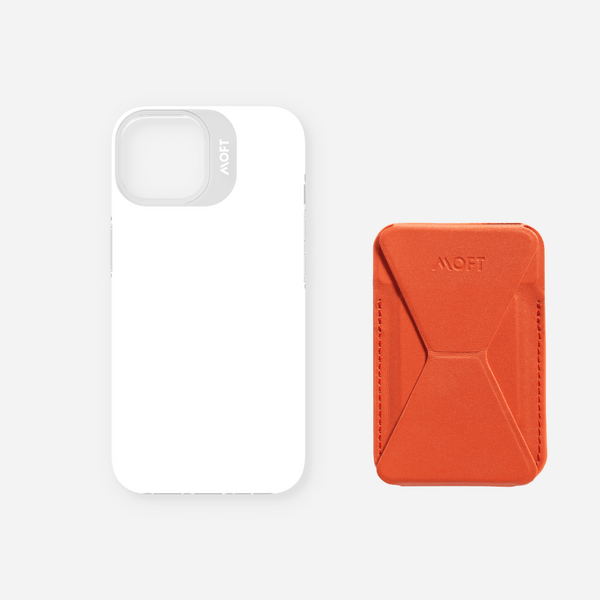 Case, Stand & Wallet Snap Set - MagSafe Compatible MOFT Sunset Orange iPhone 14 Cool White